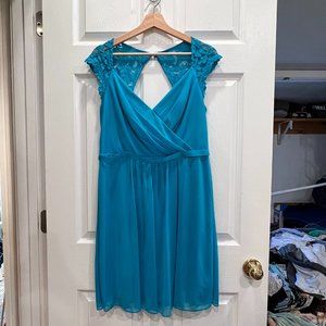 Davids Bridal Mesh Dress with Lace Sleeves and Keyhole Back in Malibu